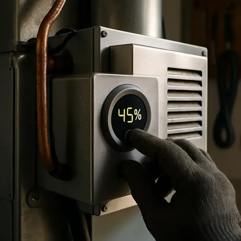 dehumidifier-control-panel-adjustment-sunnyvale Hand adjusting dehumidifier humidity control dial during Sunnyvale HVAC installation