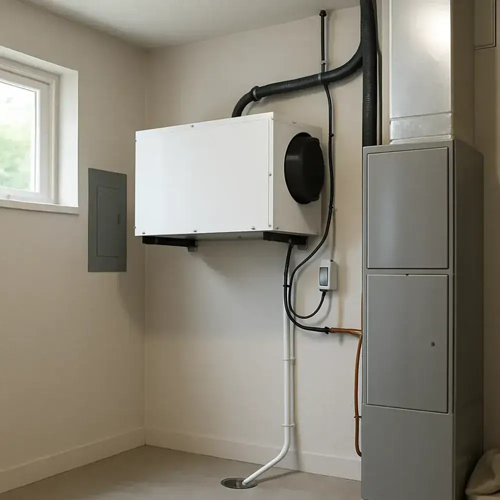 dehumidifier-installation-finished-result-sunnyvale Finished whole-home dehumidifier mounted in Sunnyvale utility room after installation