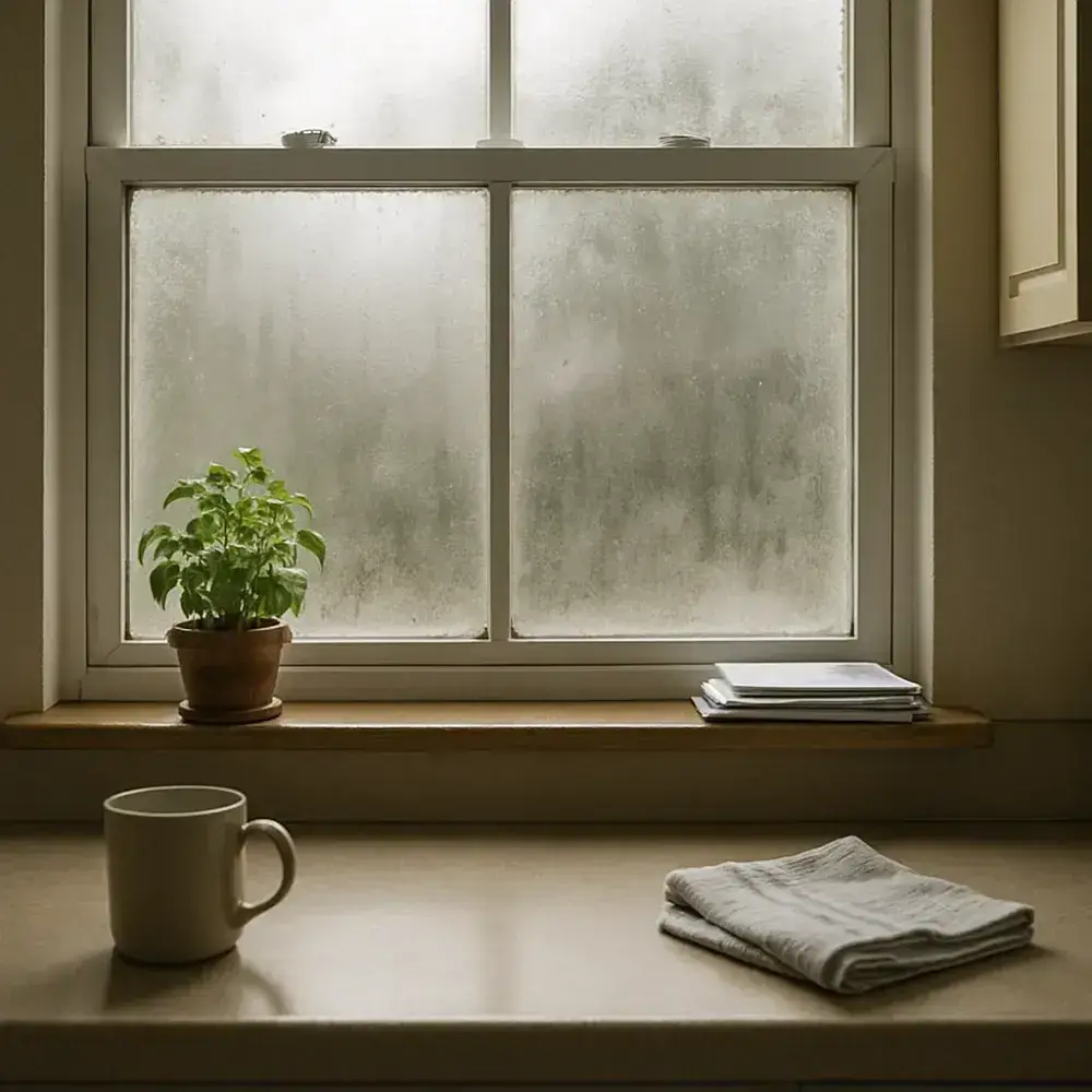 humid-window-condensation-sunnyvale-home Foggy kitchen window showing humidity buildup in Sunnyvale home before dehumidifier installation