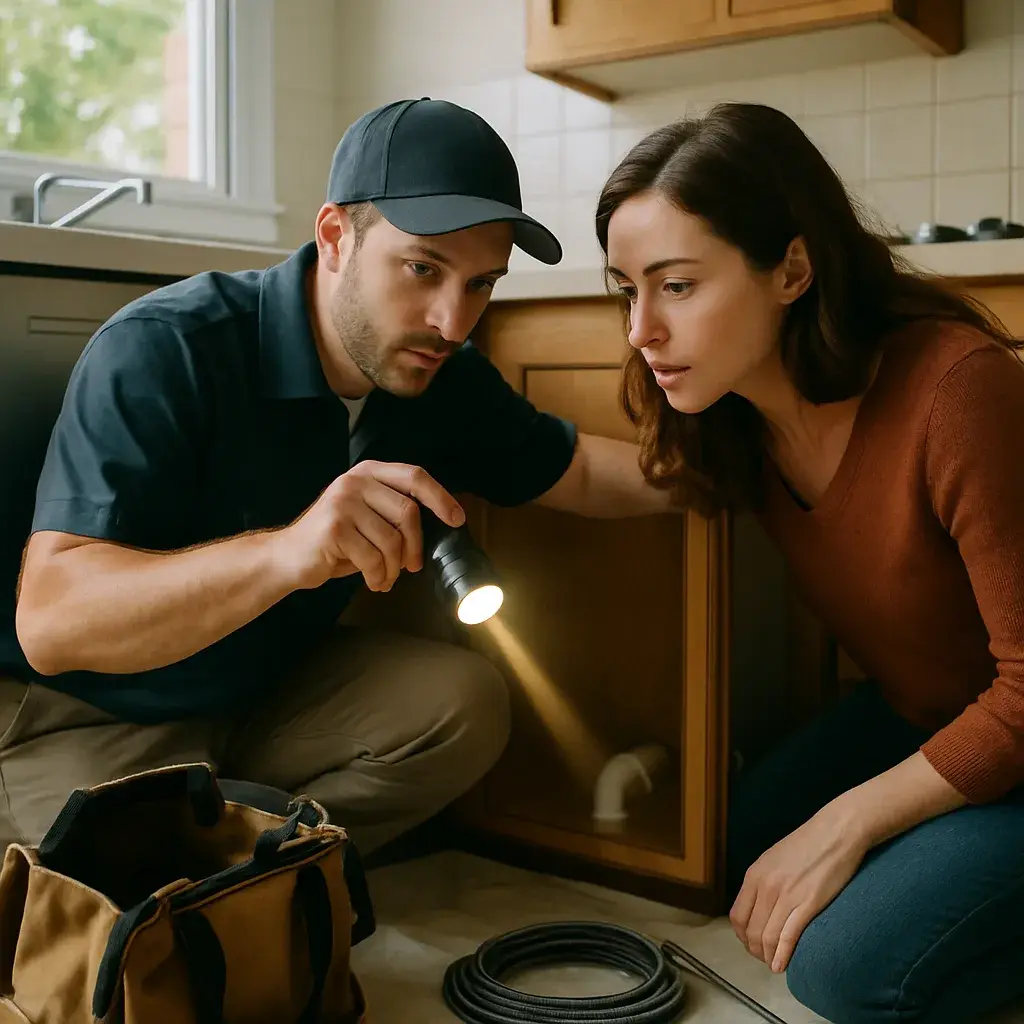 Drain cleaning technician explains clogged pipe to homeowner in Sunnyvale kitchen