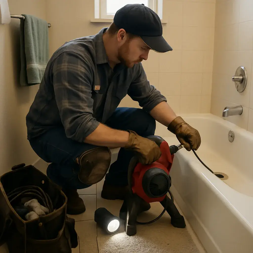 Technician clearing a slow bathtub drain during Sunnyvale drain cleaning service