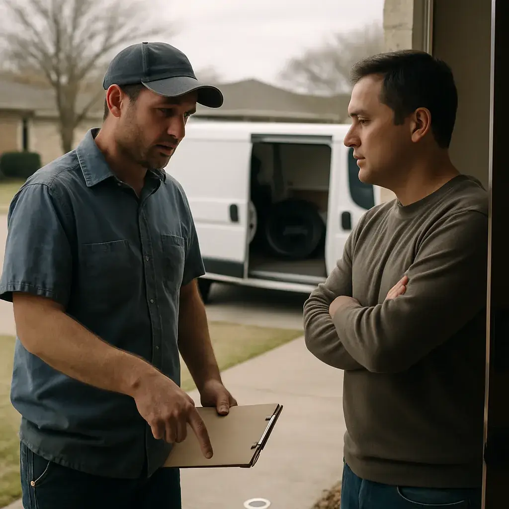 HVAC contractor explains drain cleaning limits to homeowner in Sunnyvale driveway