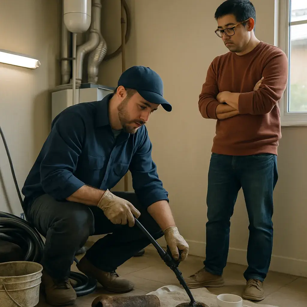 Drain cleaning technician comparing old and new pipe sections in Sunnyvale home
