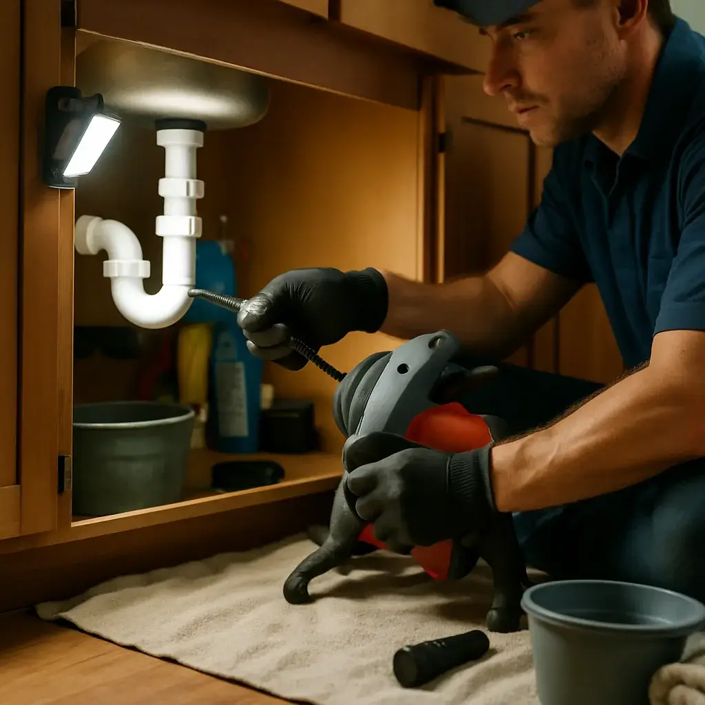 Technician feeding drain snake into kitchen pipe during drain cleaning in Sunnyvale home