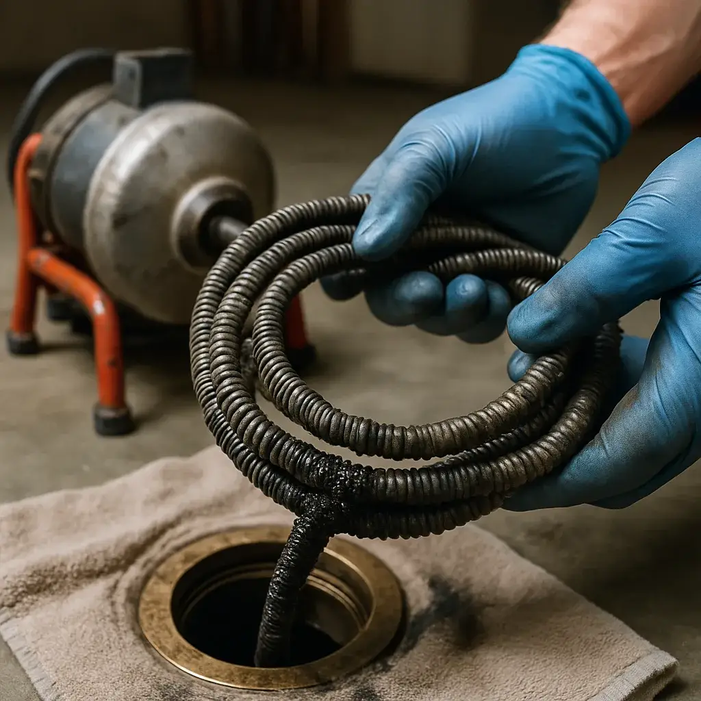 drain-cleaning-snake-cable-cleanout-pipe-cost-factor Gloved hands hold a drain snake cable pulled from a cleanout pipe, Sunnyvale