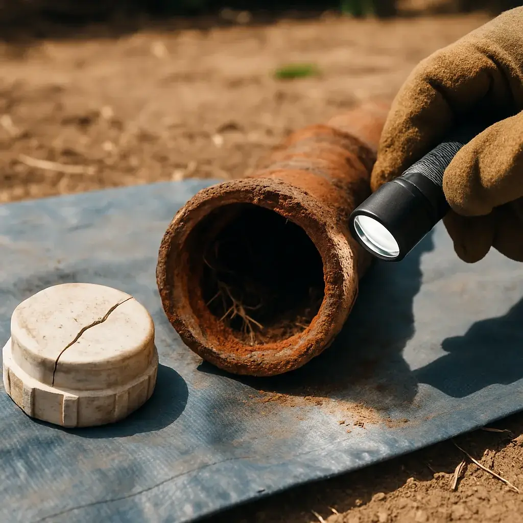 drain-cleaning-corroded-pipe-beyond-scope-closeup Corroded cast iron drain pipe showing damage beyond standard drain cleaning scope