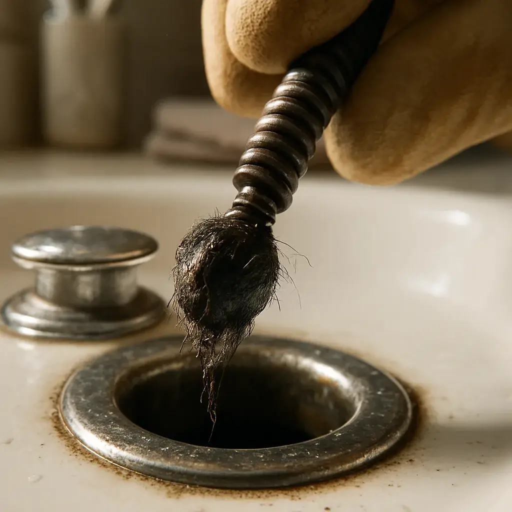 drain-cleaning-snake-cable-debris-bathroom-sunnyvale Close-up of drain snake cable pulling debris from bathroom sink during drain cleaning