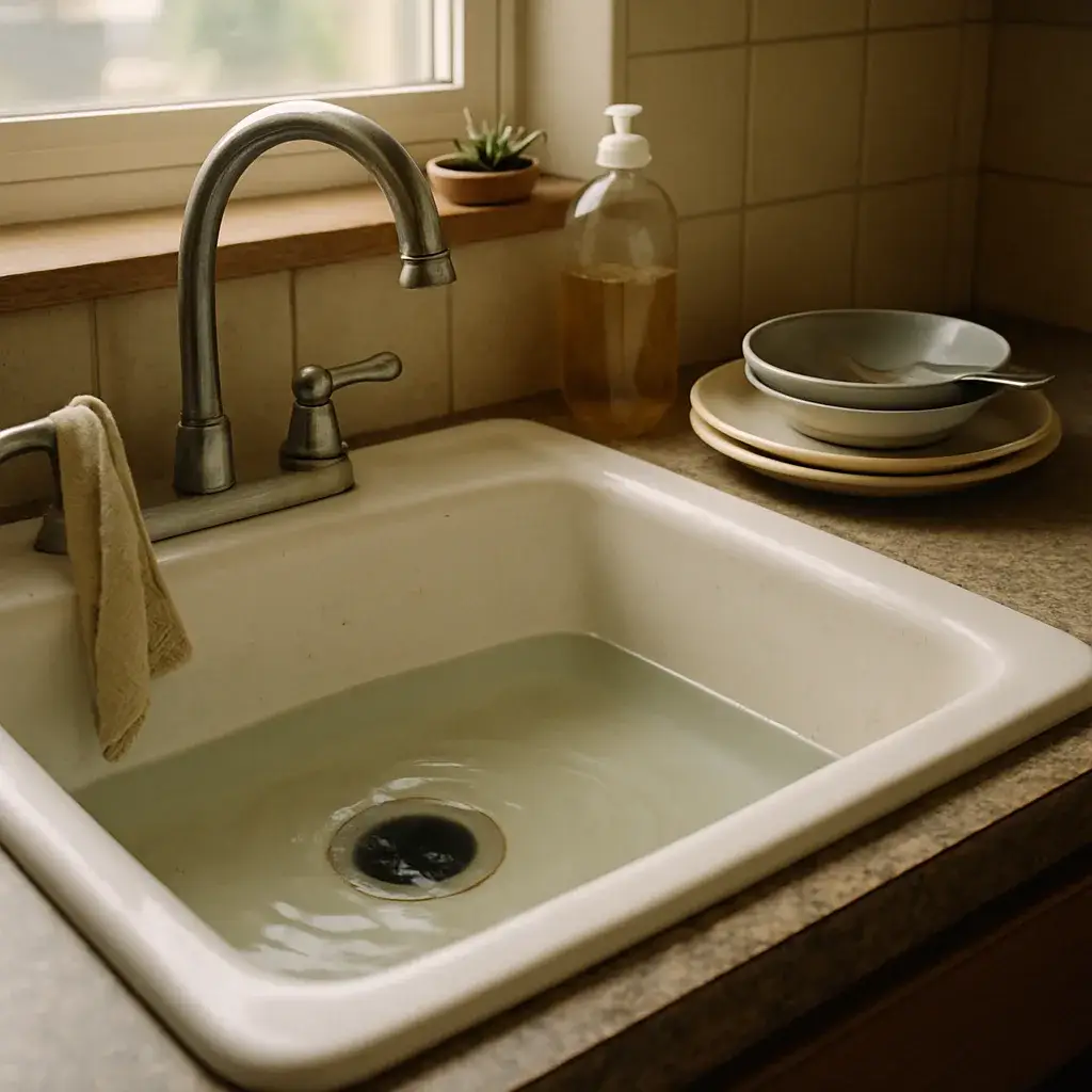 drain-cleaning-slow-drain-home-kitchen-sunnyvale Standing water in home kitchen sink signaling need for drain cleaning in Sunnyvale