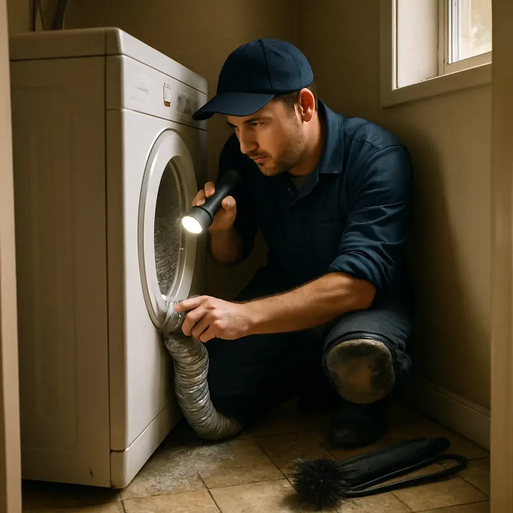 Technician inspecting kinked dryer vent hose during dryer vent cleaning in Sunnyvale
