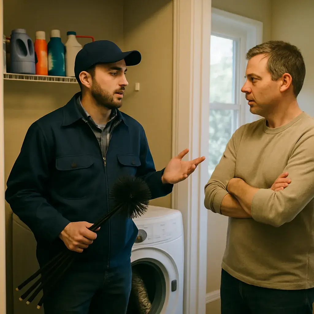 Technician explains crushed dryer vent duct issue to homeowner in Sunnyvale laundry room