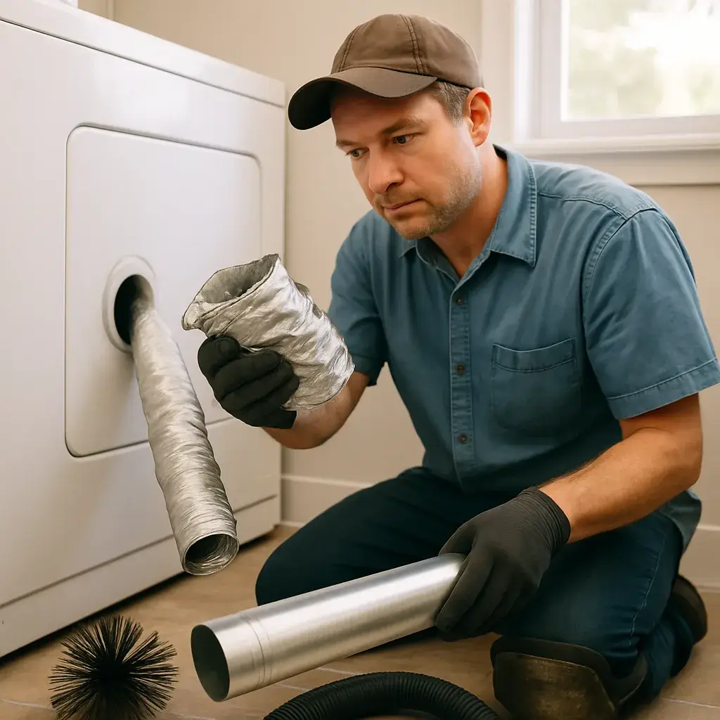Technician compares crushed dryer vent duct to straight replacement in Sunnyvale home