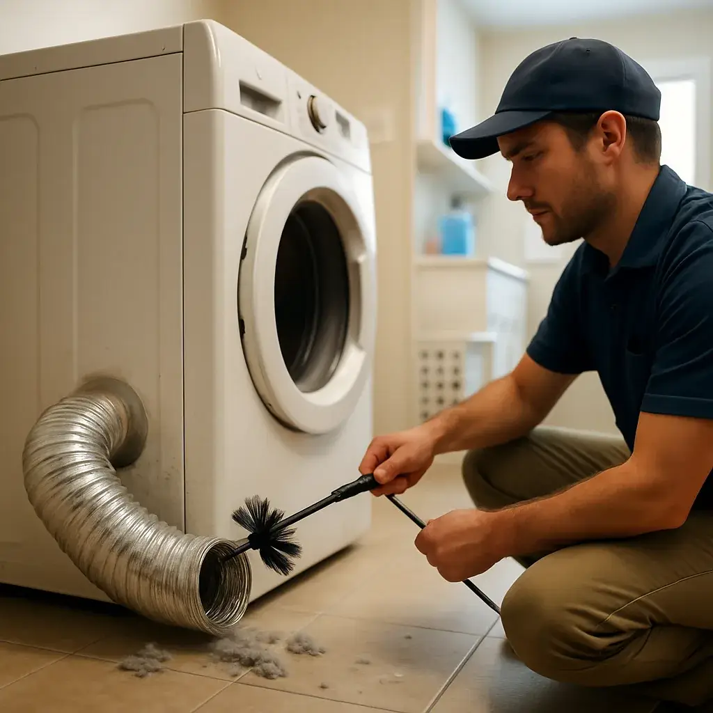 Technician cleaning dryer vent duct with brush tool in Sunnyvale home laundry room