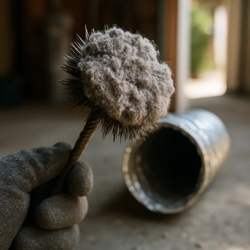 Lint-clogged brush pulled from dryer vent duct during Sunnyvale cleaning job