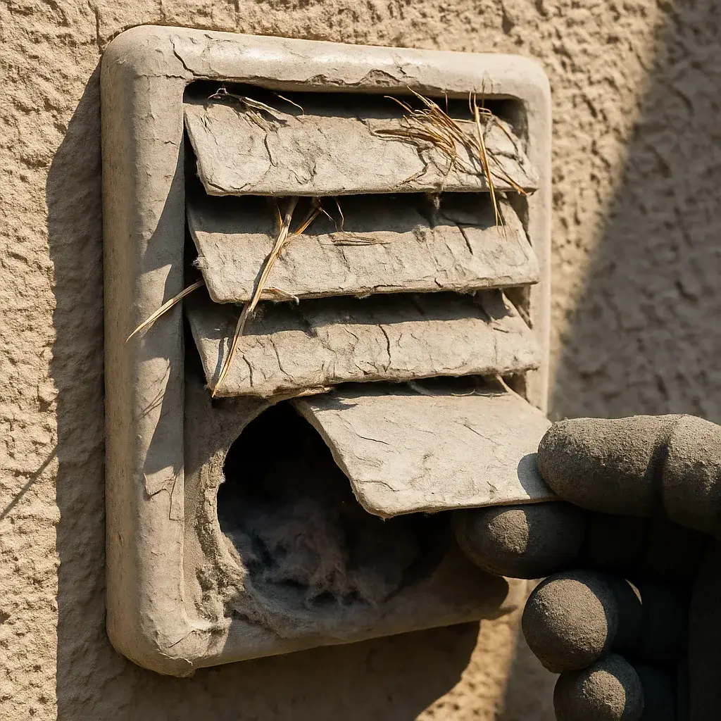 dryer-vent-cleaning-exterior-cap-lint-nesting-debris Close-up of clogged exterior dryer vent cap showing lint and nesting debris