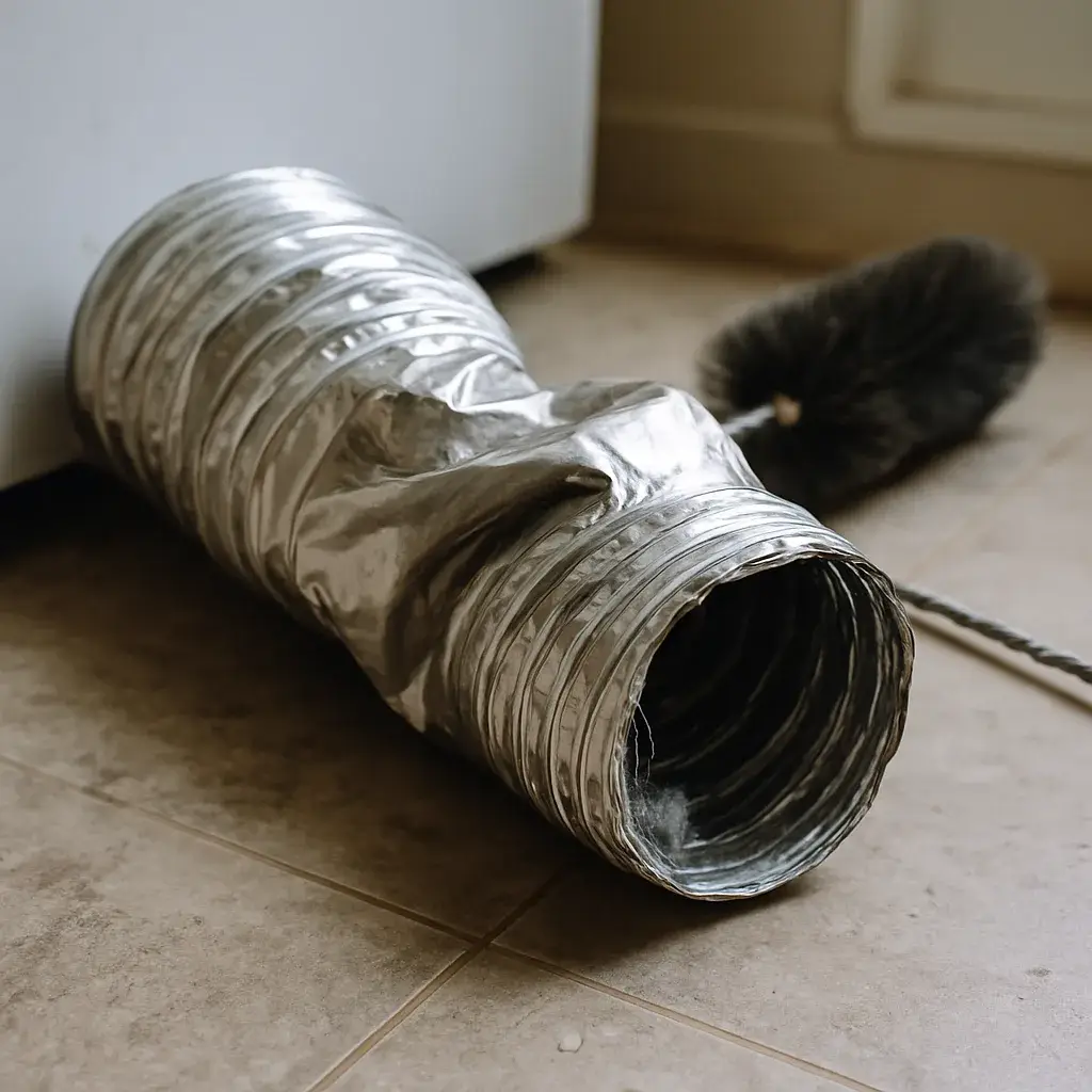 dryer-vent-cleaning-crushed-duct-repair-not-cleaning-fix Crushed dryer vent duct shown as a repair issue beyond cleaning scope in Sunnyvale home