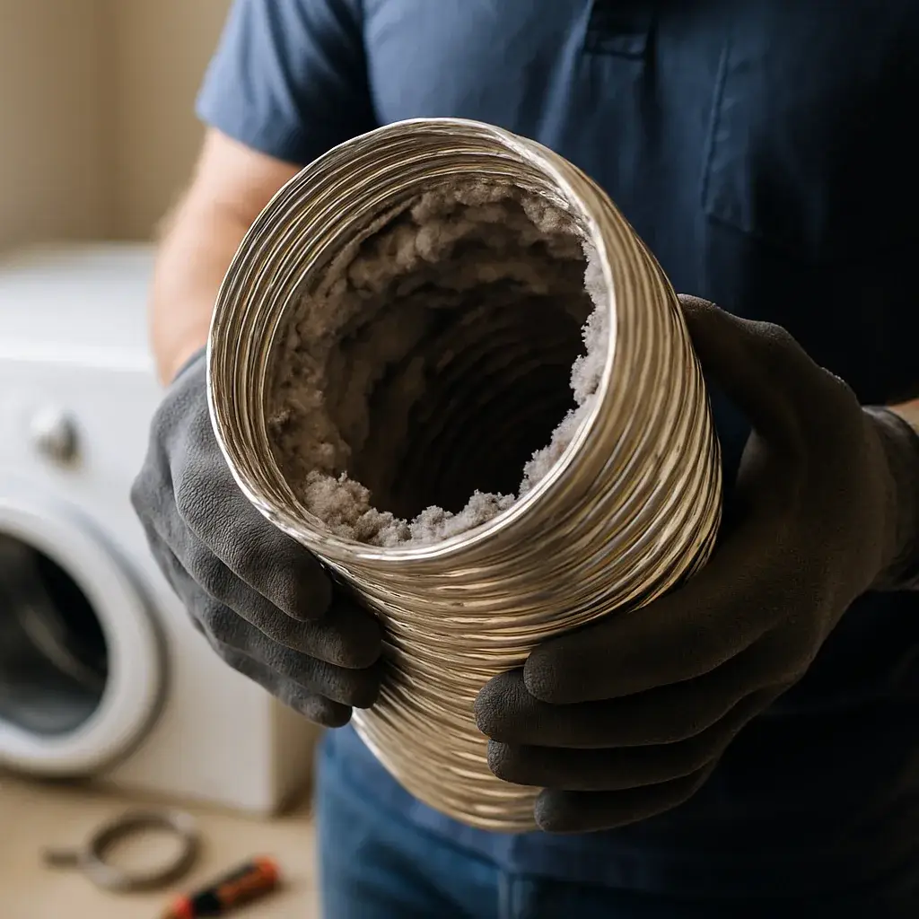 Close-up of lint-clogged dryer vent duct during Sunnyvale cleaning inspection