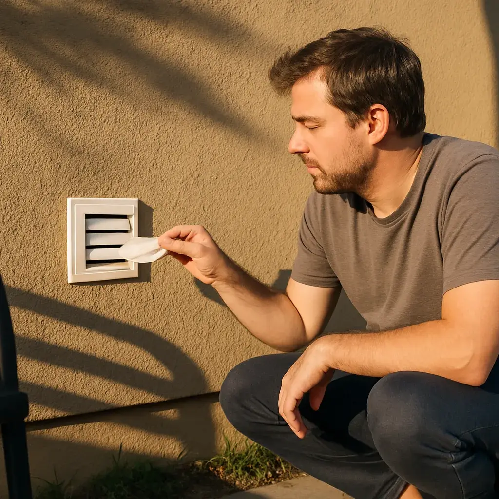 Homeowner checking exterior dryer vent airflow at Sunnyvale house after cleaning