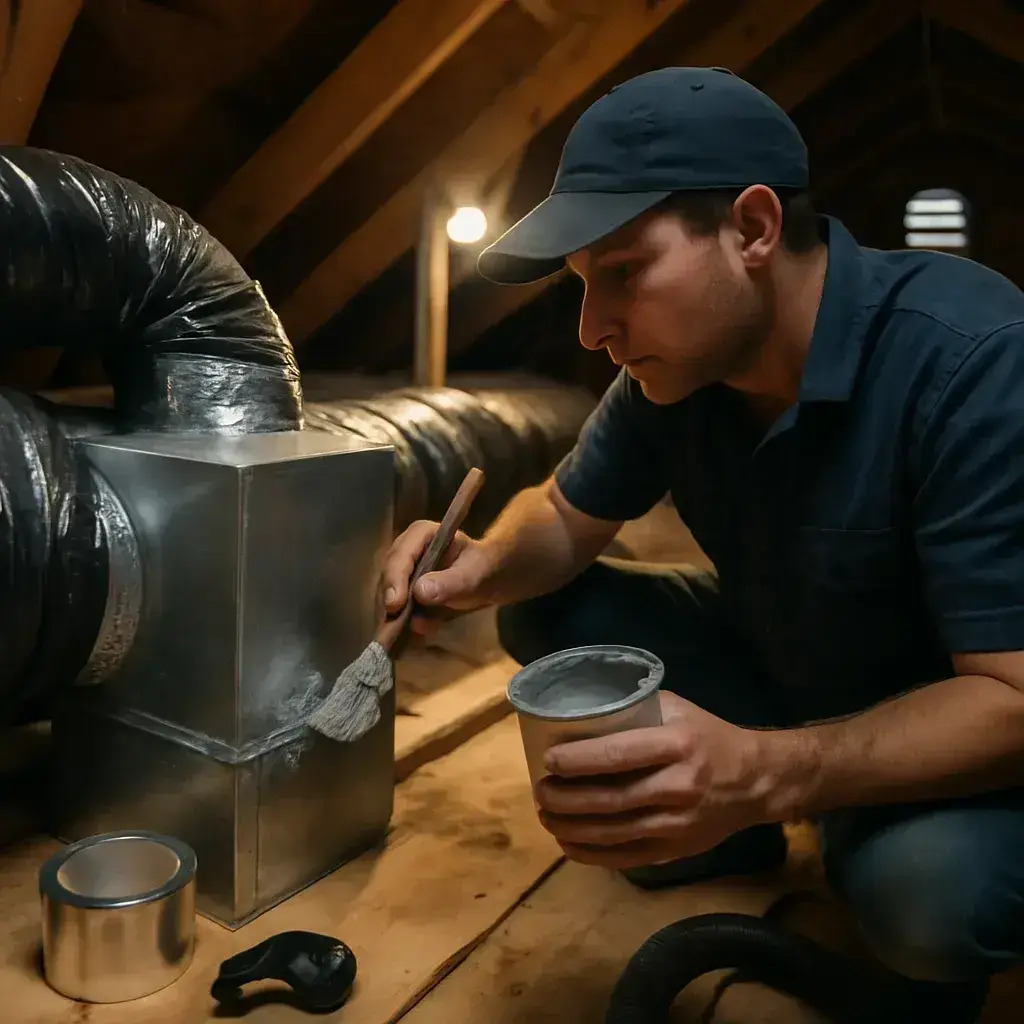 Technician sealing attic ductwork with mastic during duct sealing service in Sunnyvale