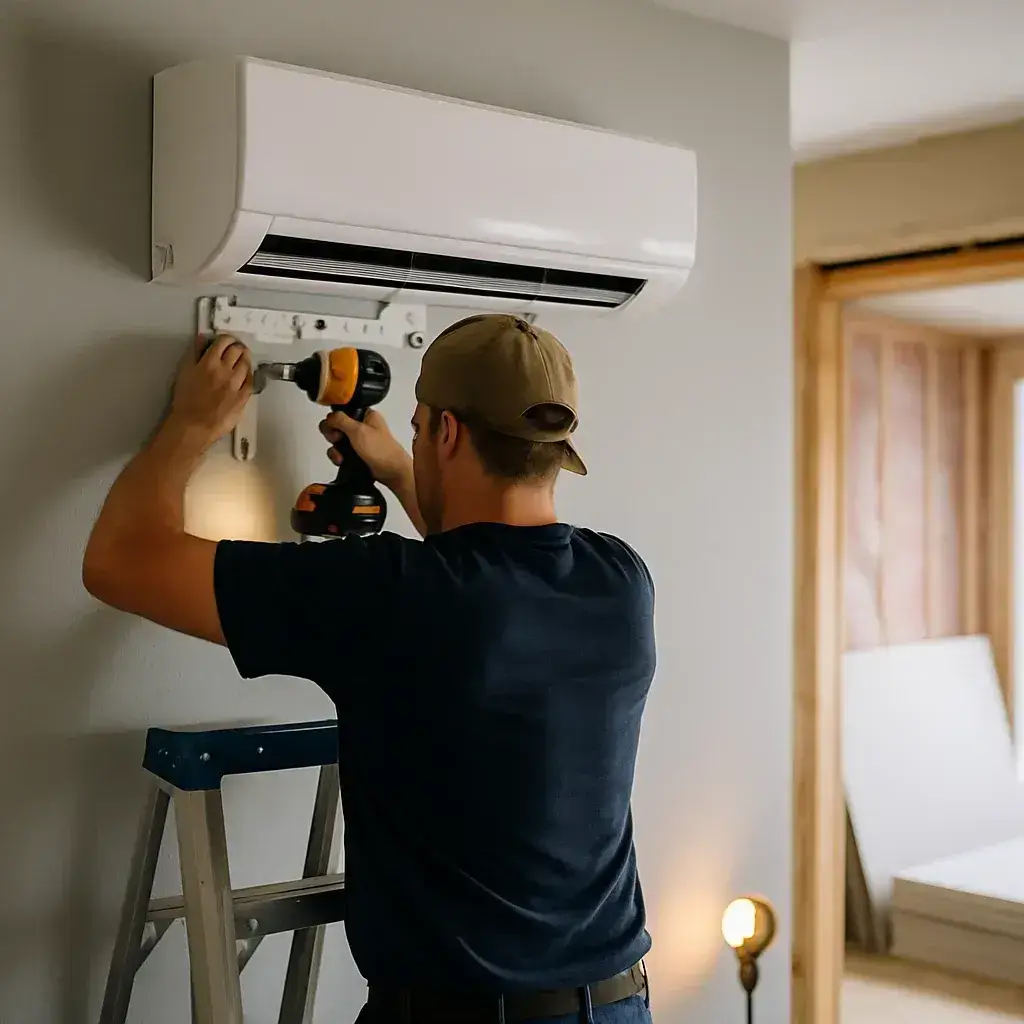 Technician installing ductless mini-split unit on bedroom wall in Sunnyvale home