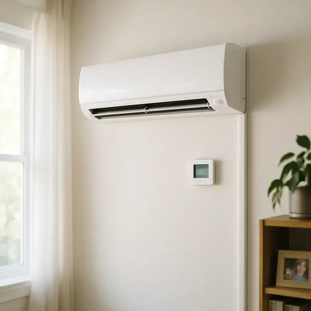 ductless-system-finished-installation-living-room-sunnyvale Finished ductless AC unit installed cleanly on living room wall in Sunnyvale