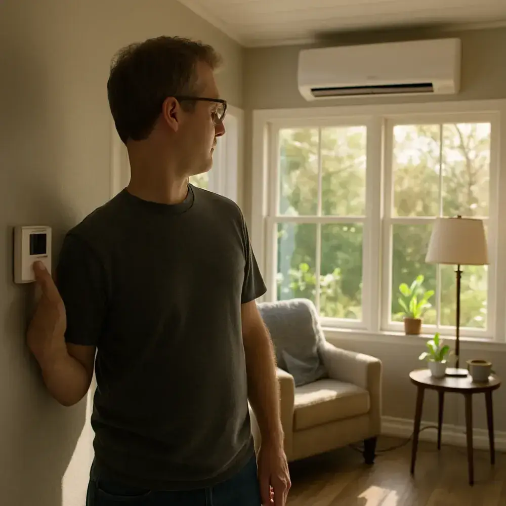 homeowner-ductless-thermostat-sunroom-sunnyvale Homeowner adjusting thermostat near ductless unit in sunlit Sunnyvale sunroom