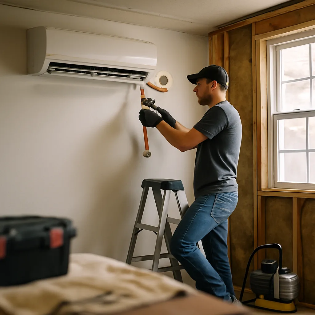Installer mounting ductless heating unit on garage wall in Sunnyvale home