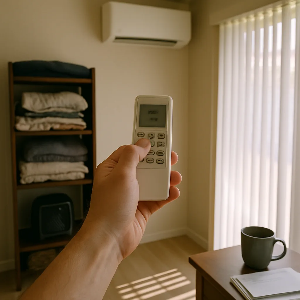 ductless-heating-homeowner-bonus-room-sunnyvale Homeowner using ductless heating remote in previously cold Sunnyvale bonus room