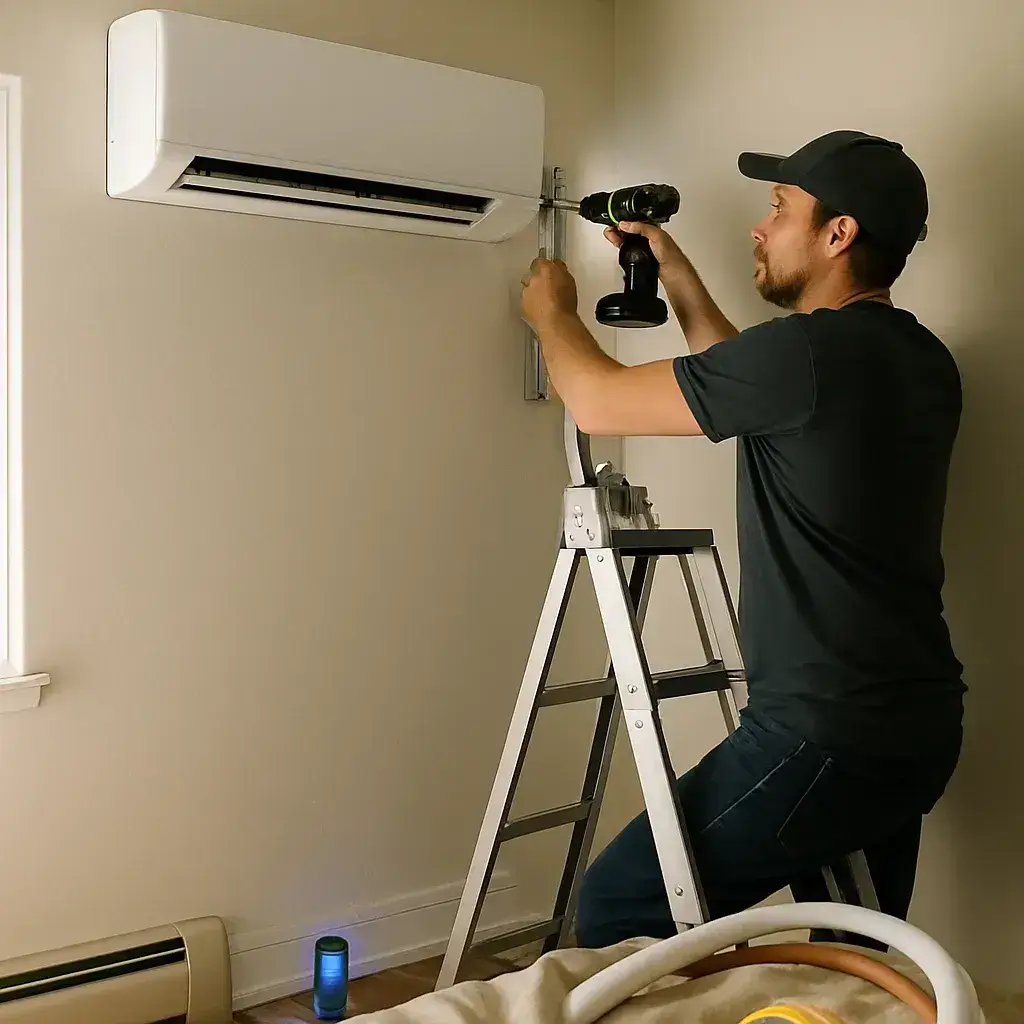 Installer mounting ductless mini-split indoor unit on wall in Sunnyvale home