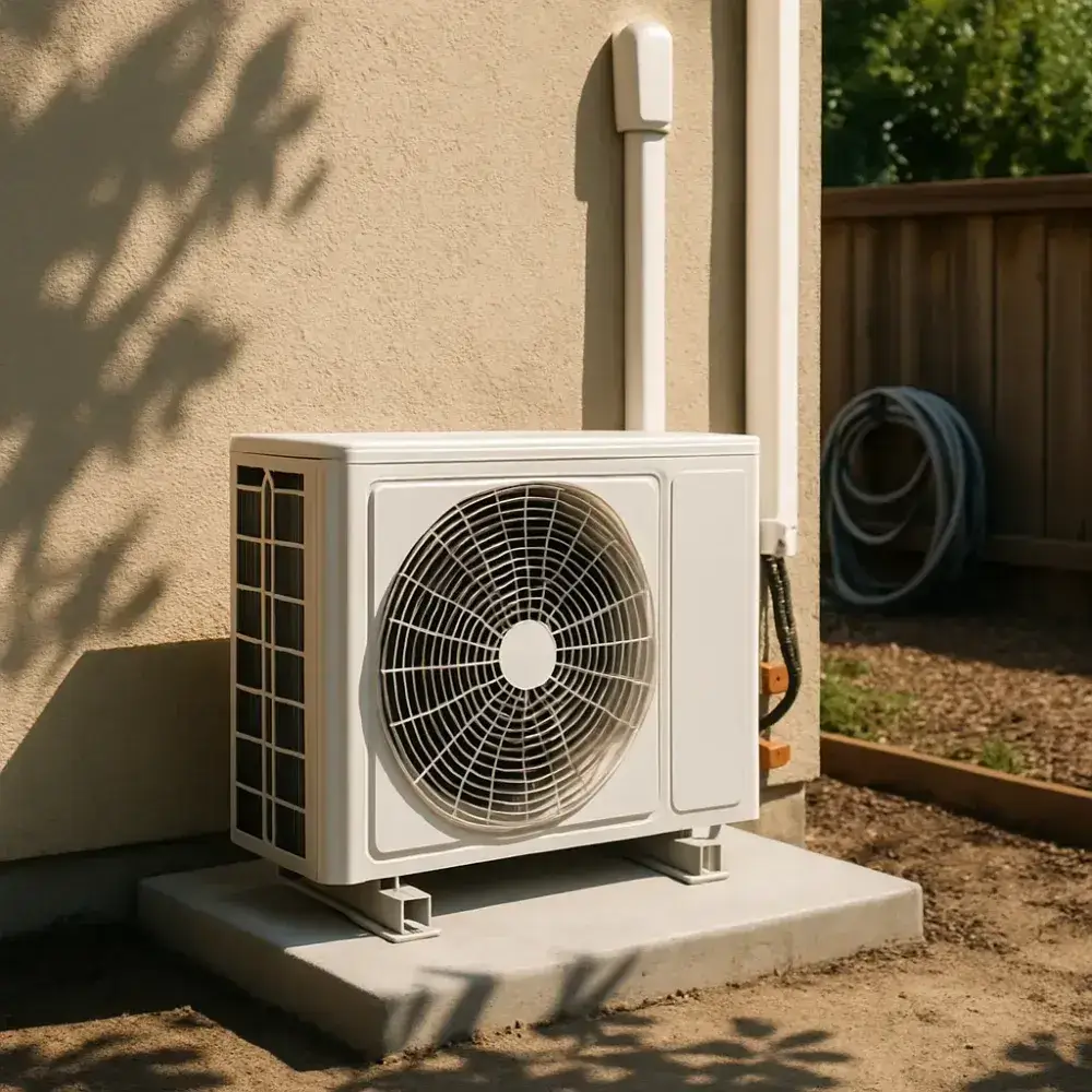 ductless-mini-split-outdoor-condenser-finished-sunnyvale Completed outdoor condenser unit after mini-split installation at Sunnyvale home