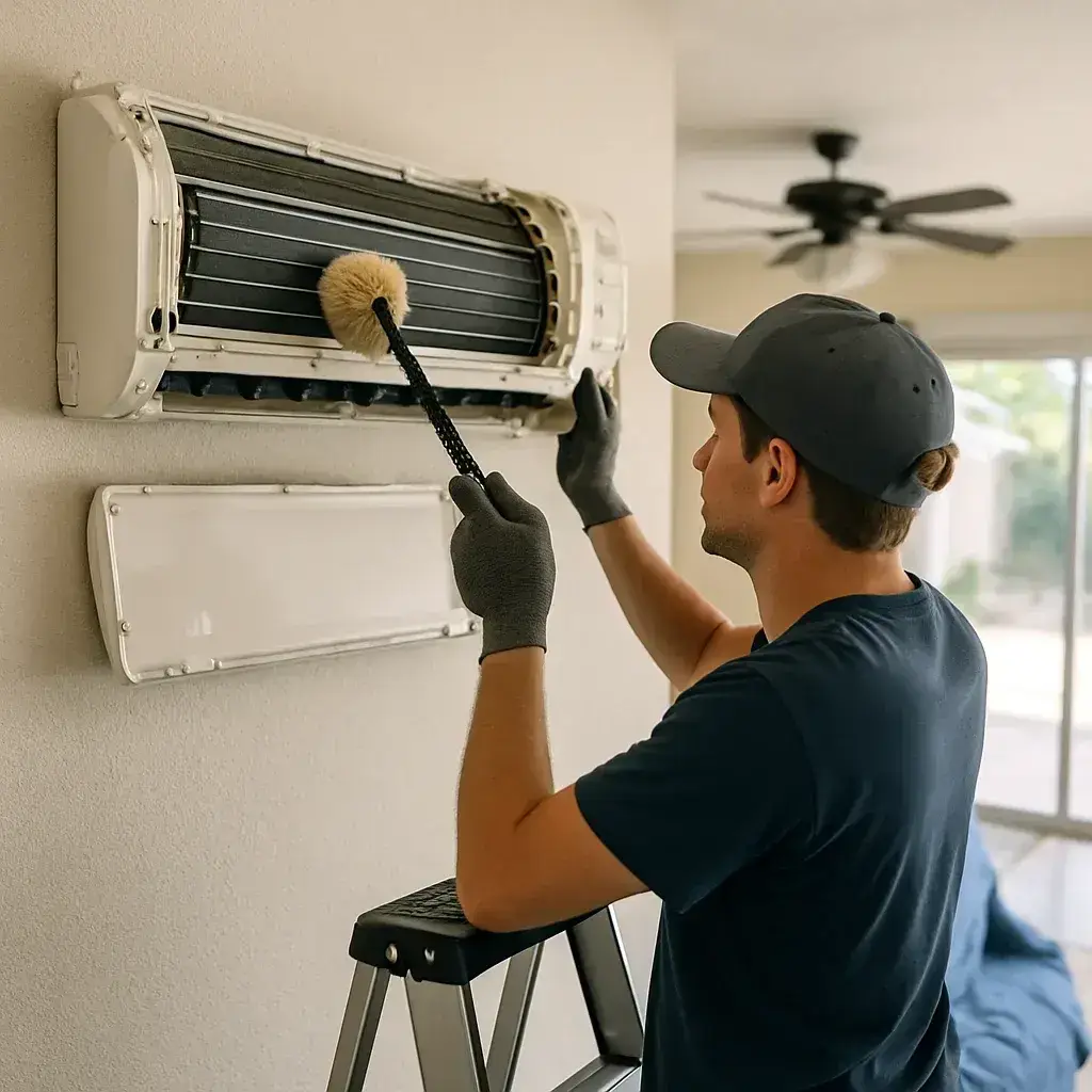 Technician cleaning ductless mini-split coil fins during repair visit in Sunnyvale home