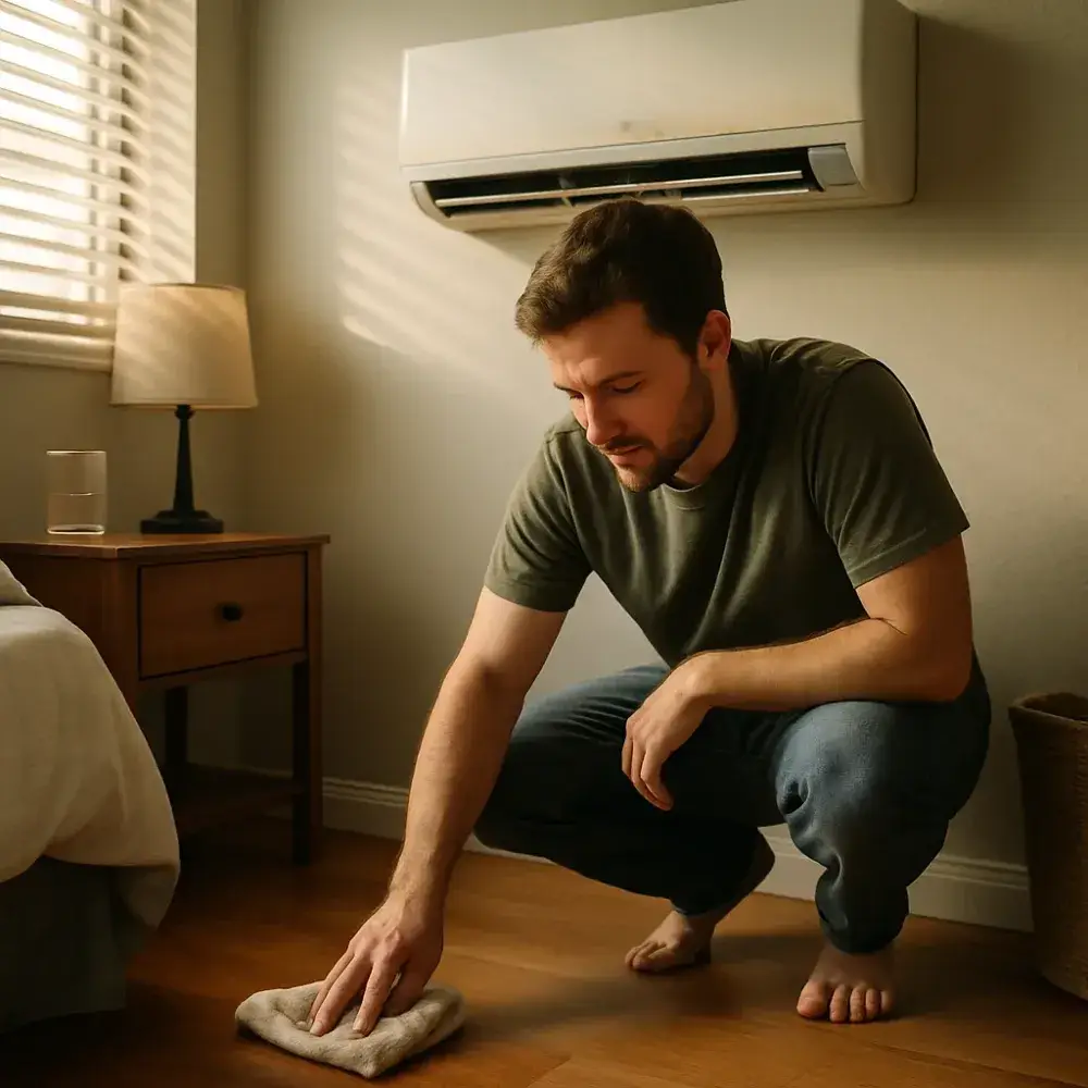 ductless-mini-split-water-leak-homeowner-sunnyvale Homeowner wiping water leak beneath mini-split unit before calling Sunnyvale repair technician