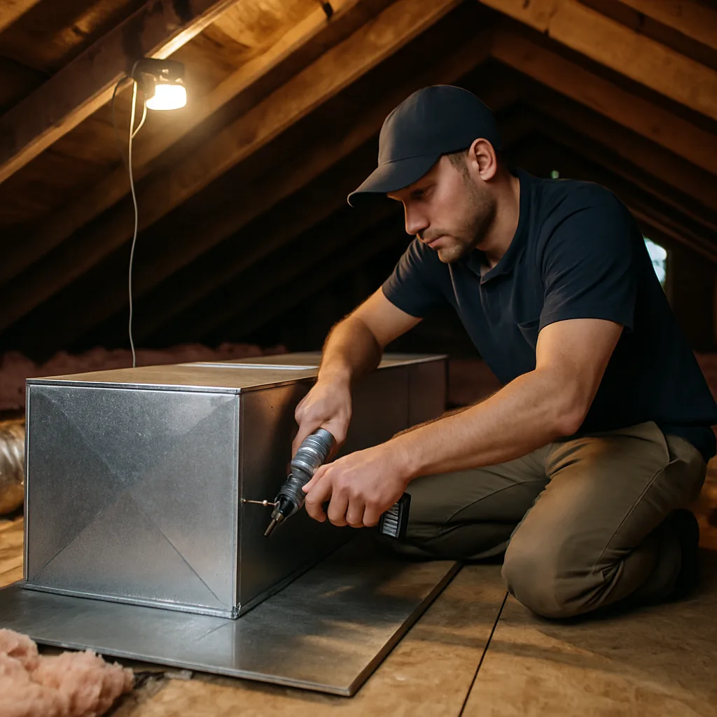 Technician fitting new ductwork section in Sunnyvale attic during fabrication job