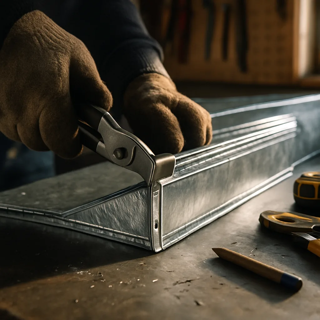Hands using seamer tool on galvanized ductwork panel for Sunnyvale fabrication