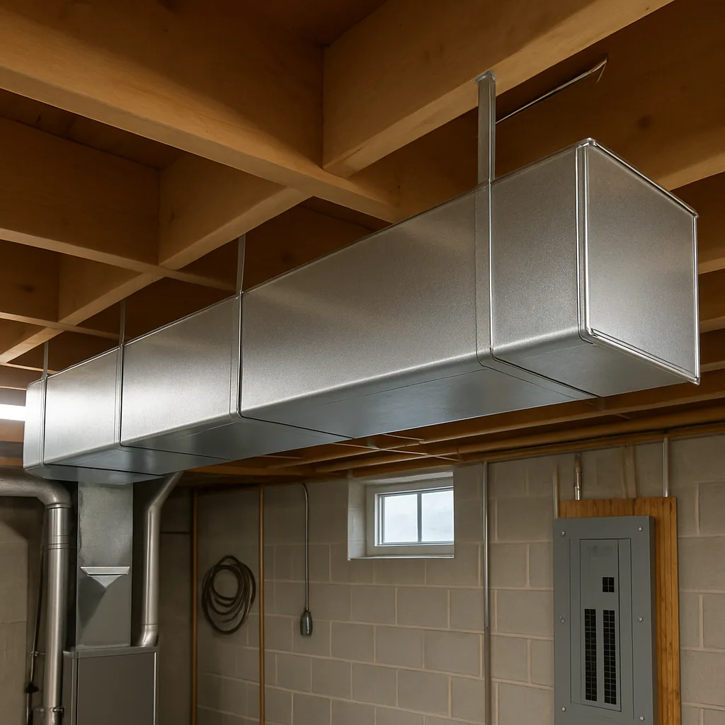 Finished galvanized ductwork installed in Sunnyvale basement after fabrication