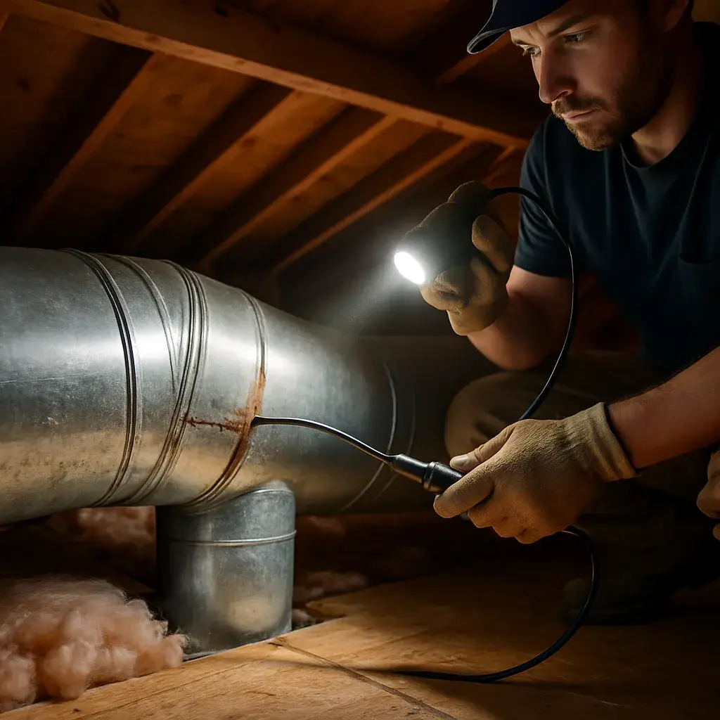 Technician inspecting attic ductwork seams during Sunnyvale ductwork inspection service