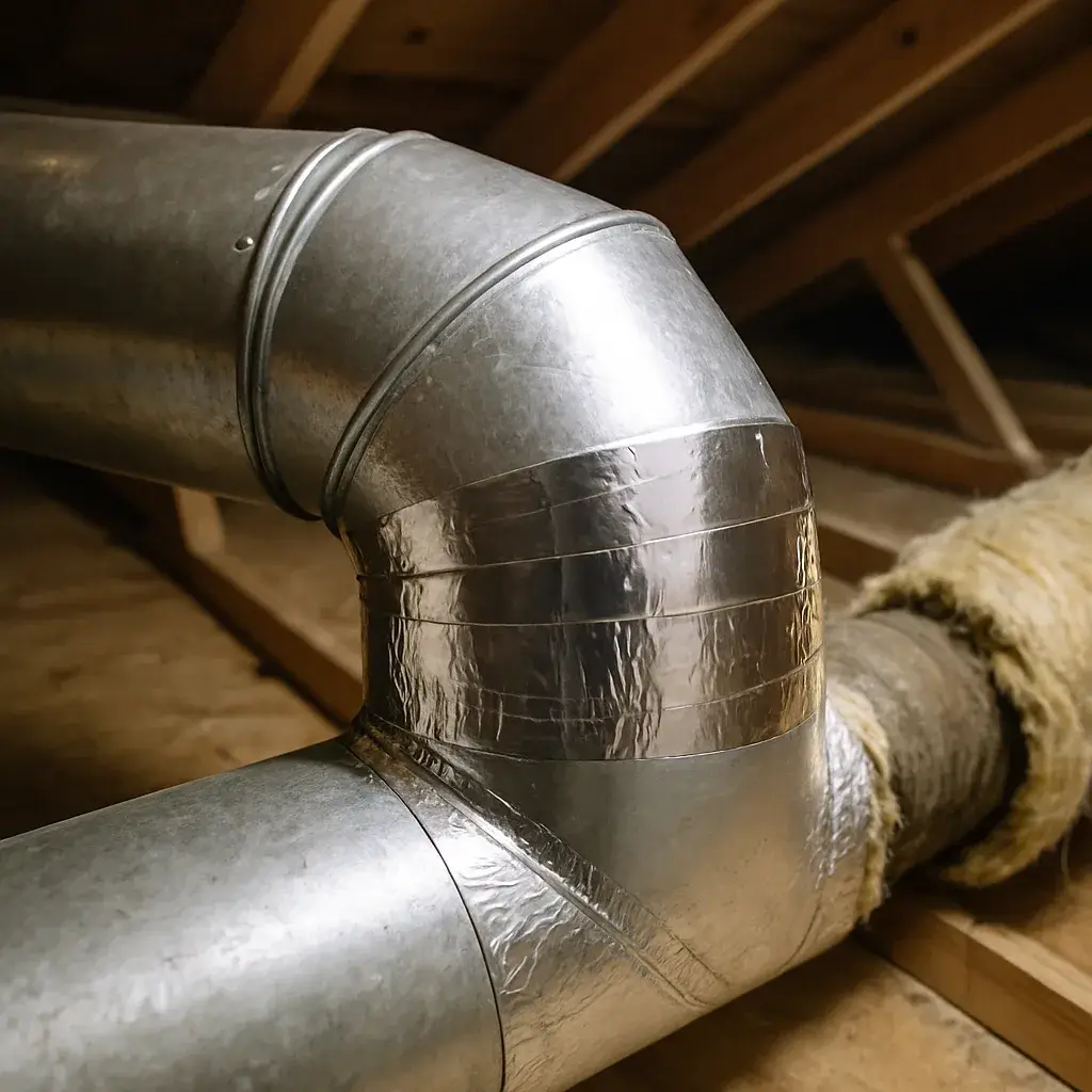 ductwork-inspection-repaired-duct-insulation-sunnyvale Repaired duct joint with new insulation wrap after Sunnyvale ductwork inspection