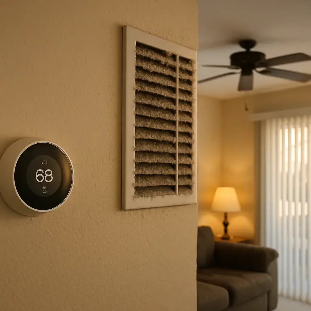 ductwork-inspection-dusty-vent-thermostat-sunnyvale Dusty vent grille and thermostat signaling need for ductwork inspection in Sunnyvale