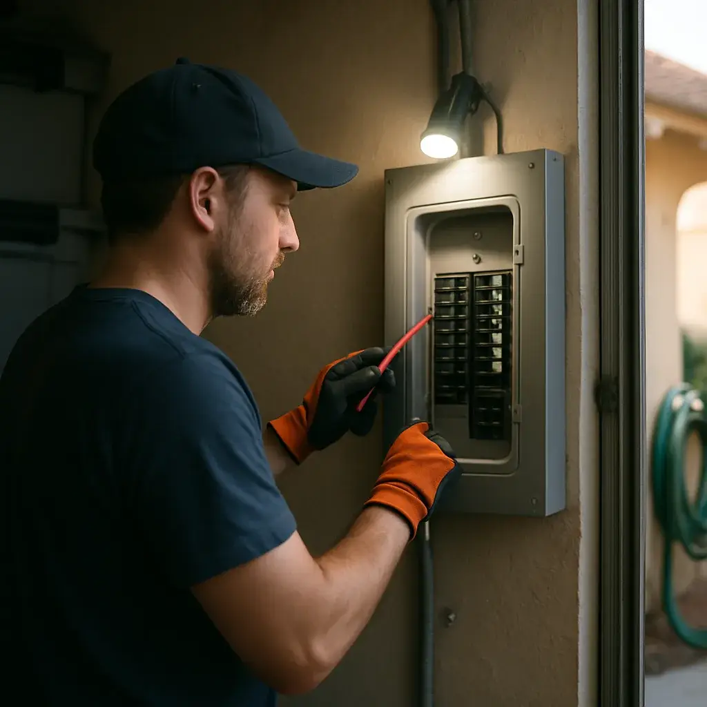 Electrician inspecting home panel before electric car charger installation in Sunnyvale garage