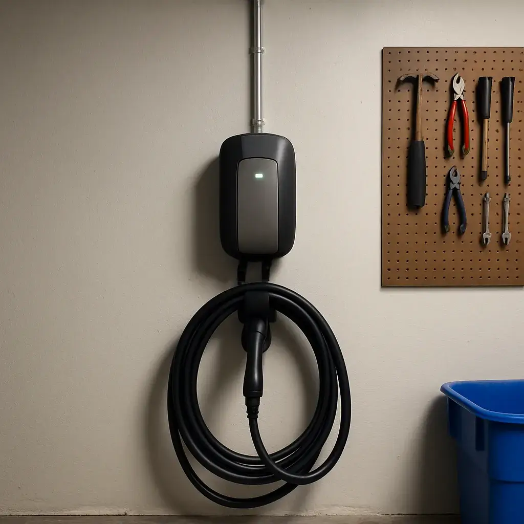 Completed electric car charger installation mounted in Sunnyvale home garage