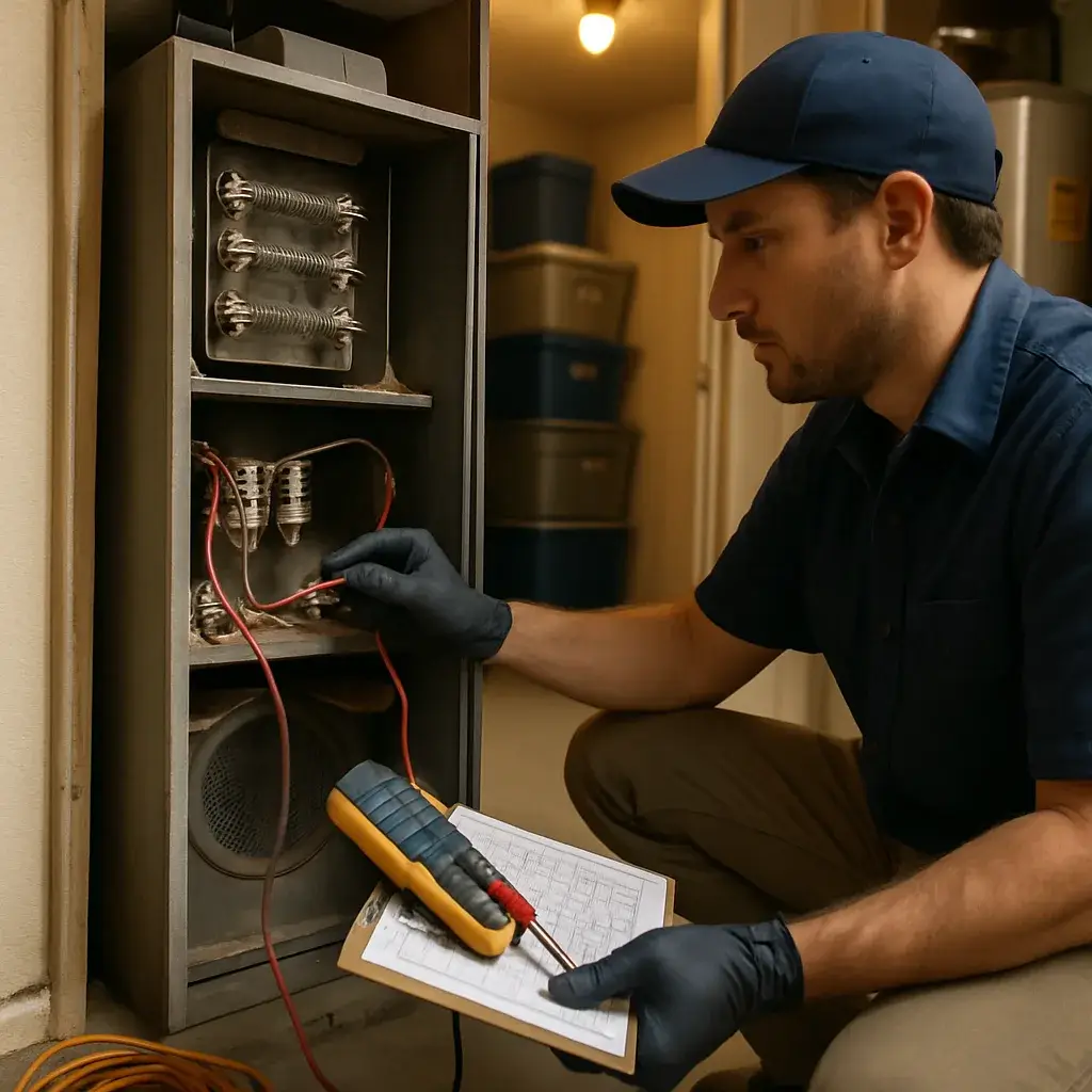 Technician testing electric furnace heating element during repair visit in Sunnyvale home