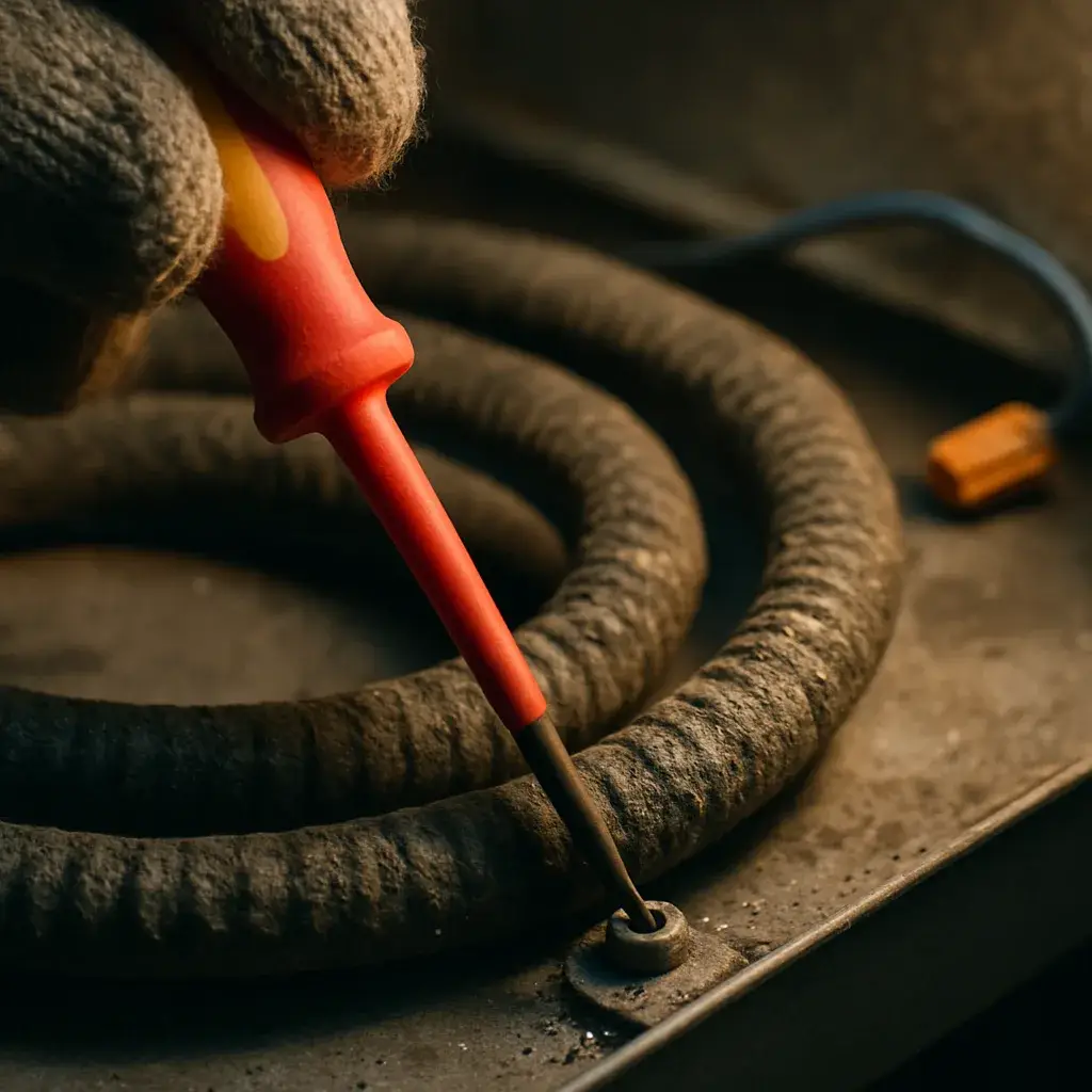 Close-up of corroded electric furnace heating element found during Sunnyvale repair inspection