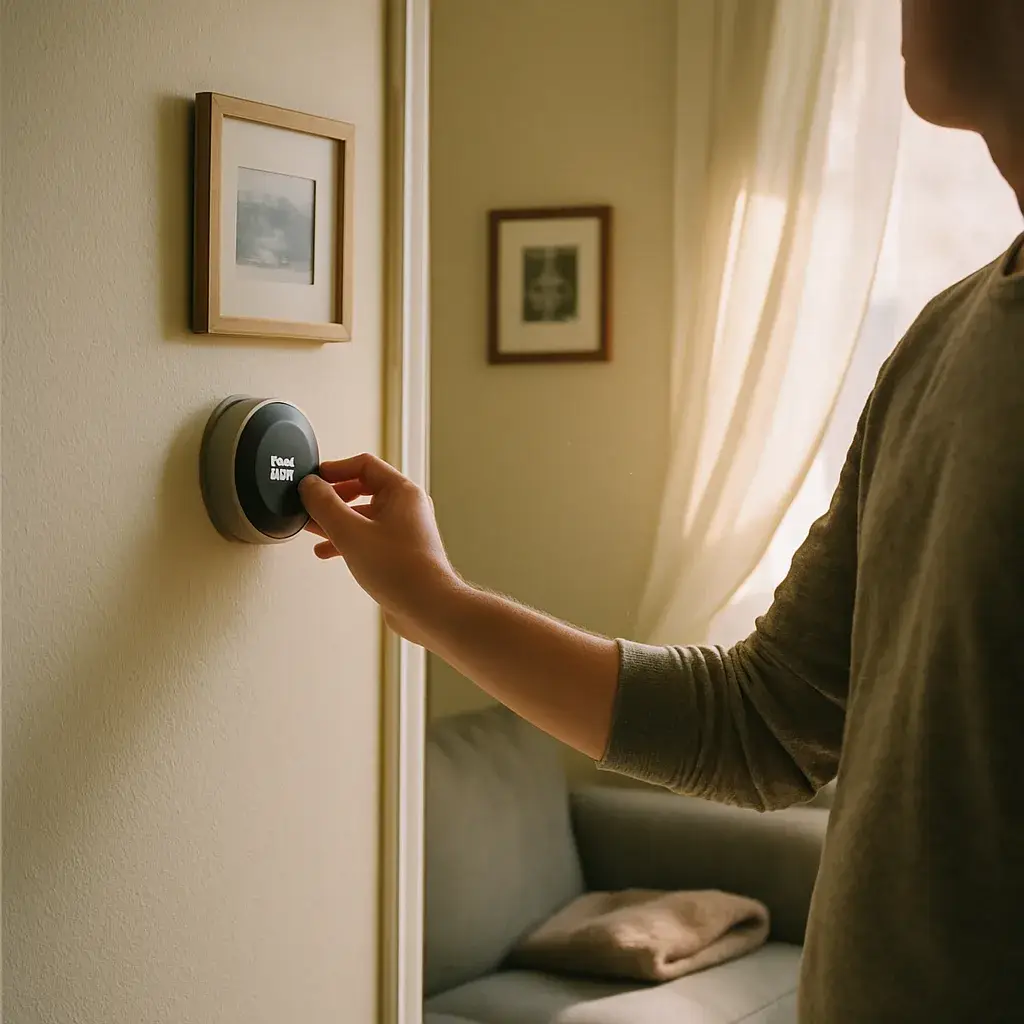 Homeowner adjusting thermostat after electric furnace repair restores heat in Sunnyvale house
