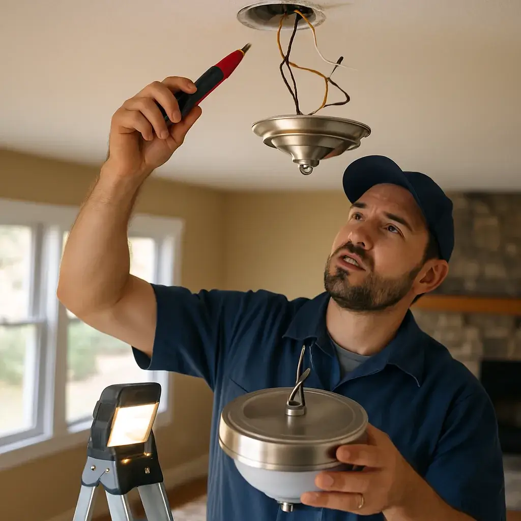 Technician installing ceiling light fixture wiring in Sunnyvale home