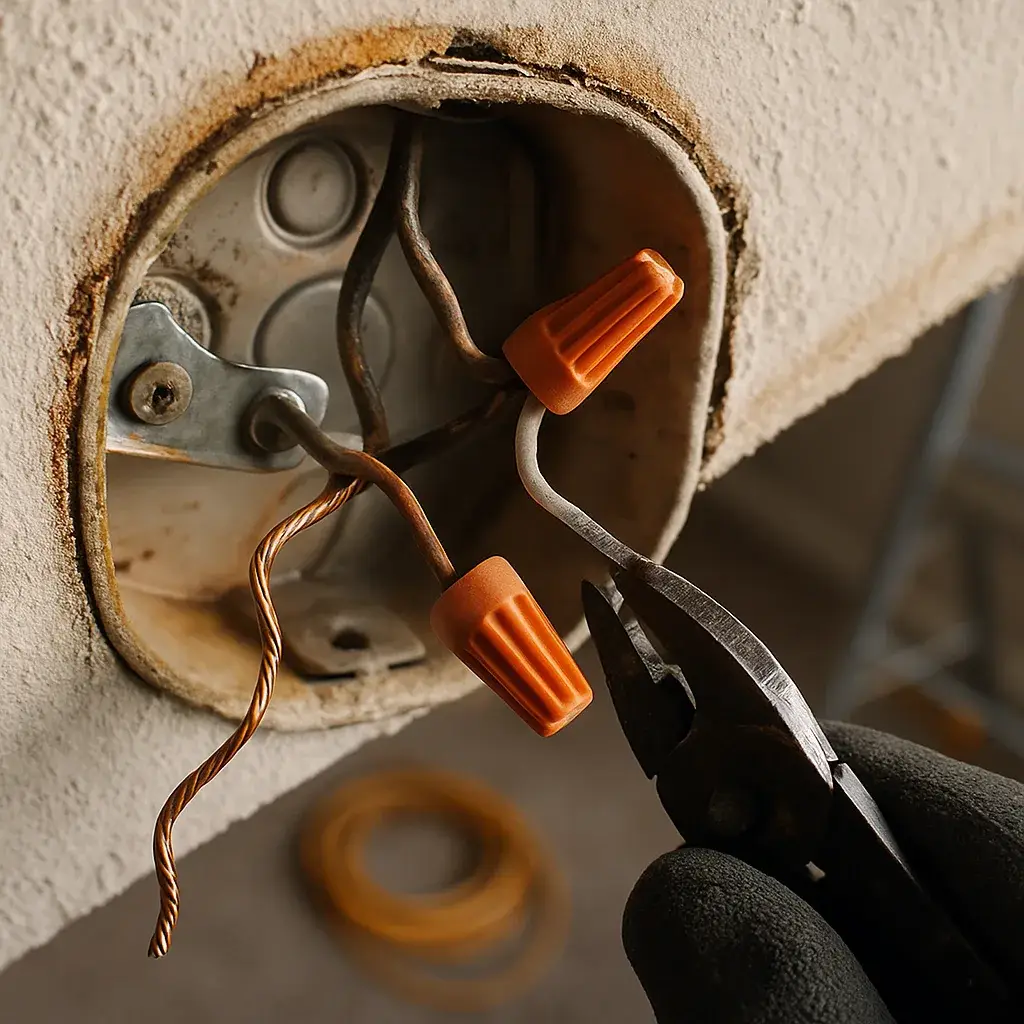 electrical-fixture-installation-junction-box-detail-sunnyvale Close-up of scorched junction box needing electrical fixture repair