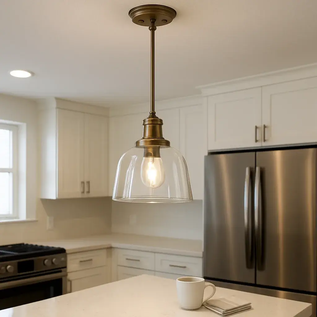 electrical-fixture-installation-finished-pendant-light-sunnyvale Finished pendant light fixture installed above Sunnyvale kitchen island