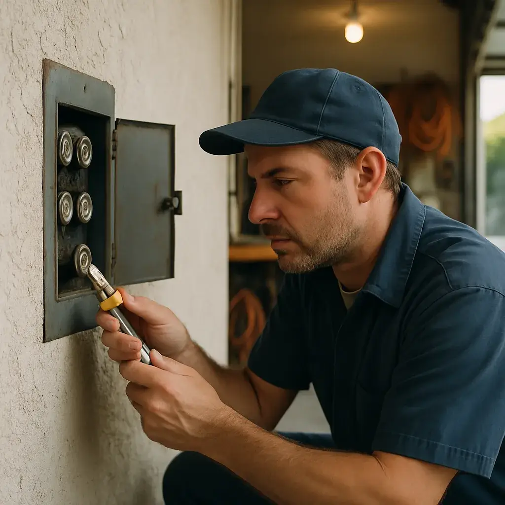 Contractor removing blown glass fuse from old panel during Sunnyvale fuse changing