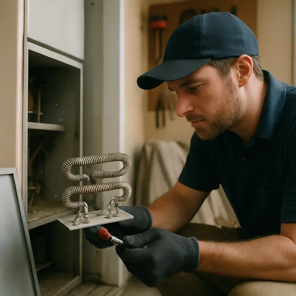 Technician replacing electric furnace heat resistor element in Sunnyvale HVAC repair