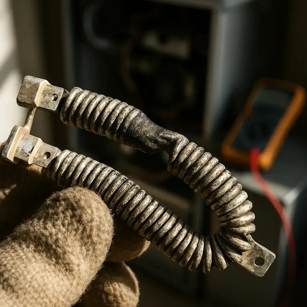 failed-heat-resistor-coil-closeup-sunnyvale Close-up of burned failed heating element coil during furnace resistor repair