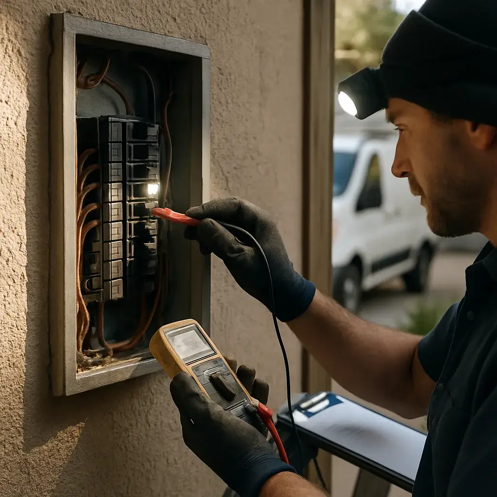 Technician inspecting home electrical panel during Sunnyvale electrical inspection service