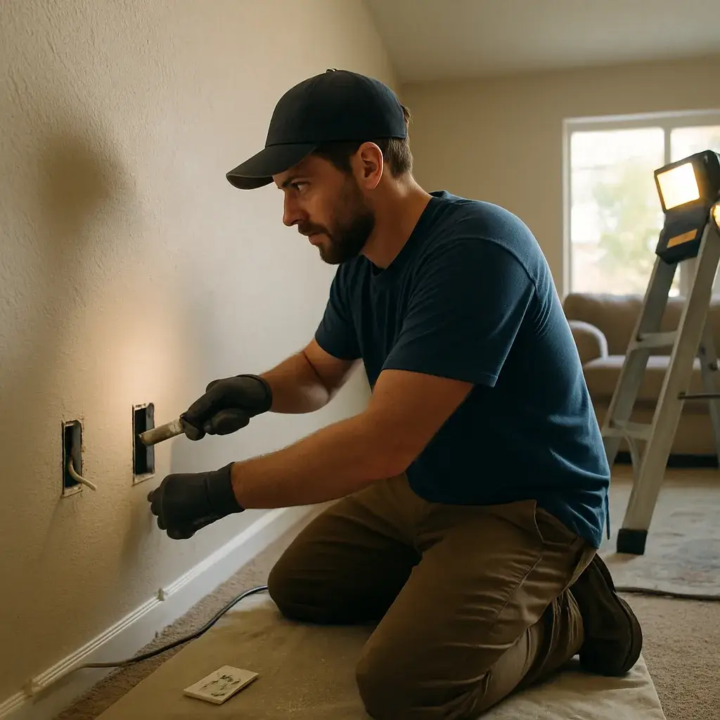 Electrician cutting new outlet opening during outlet relocation in Sunnyvale home